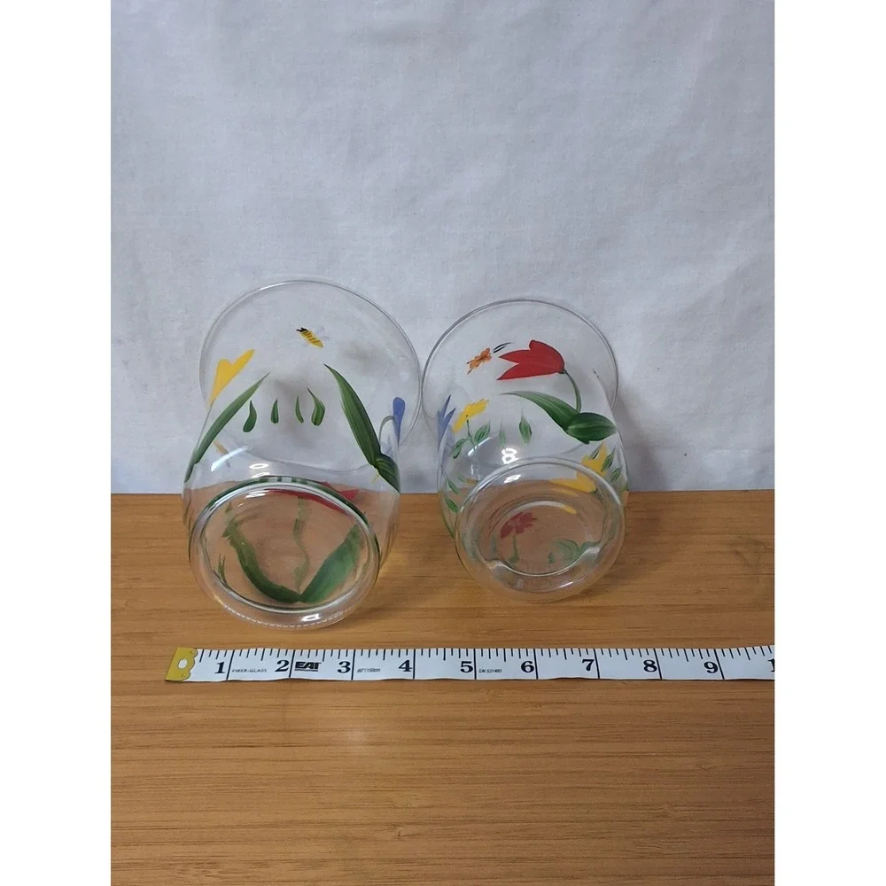 Vintage Hallmark Hand-Painted Floral‎ Glass Hurricane Candle Holders Set of 2